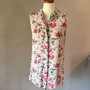 April Cornell Pink and Green Floral  sleeveless top / vest Blouse / button up S